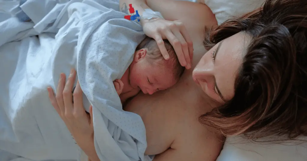 Baby on Mom's chest during the Golden Hour After Birth
